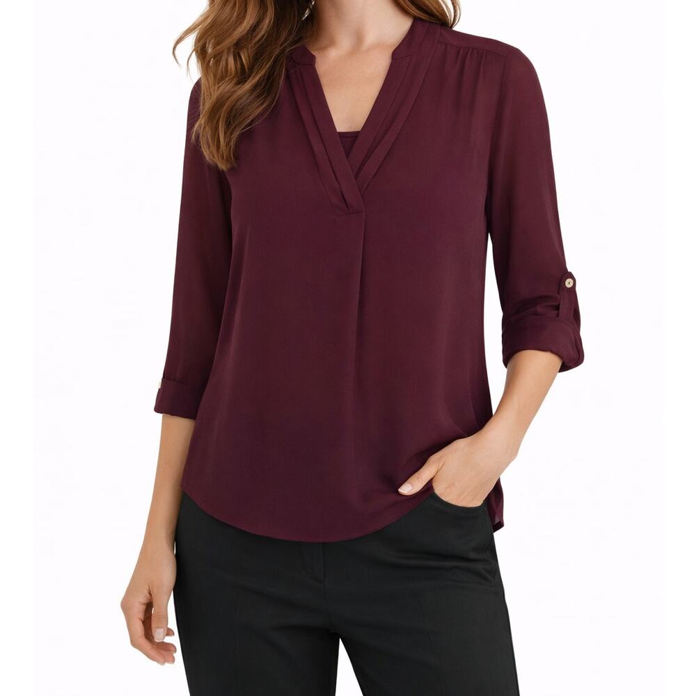 Timeson Burgundy Roll Tab Sleeve V Neck Blouse Long Sleeve Tunic Top L